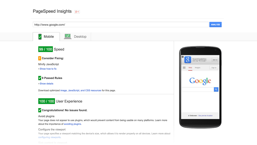 Google’s PageSpeed insights 